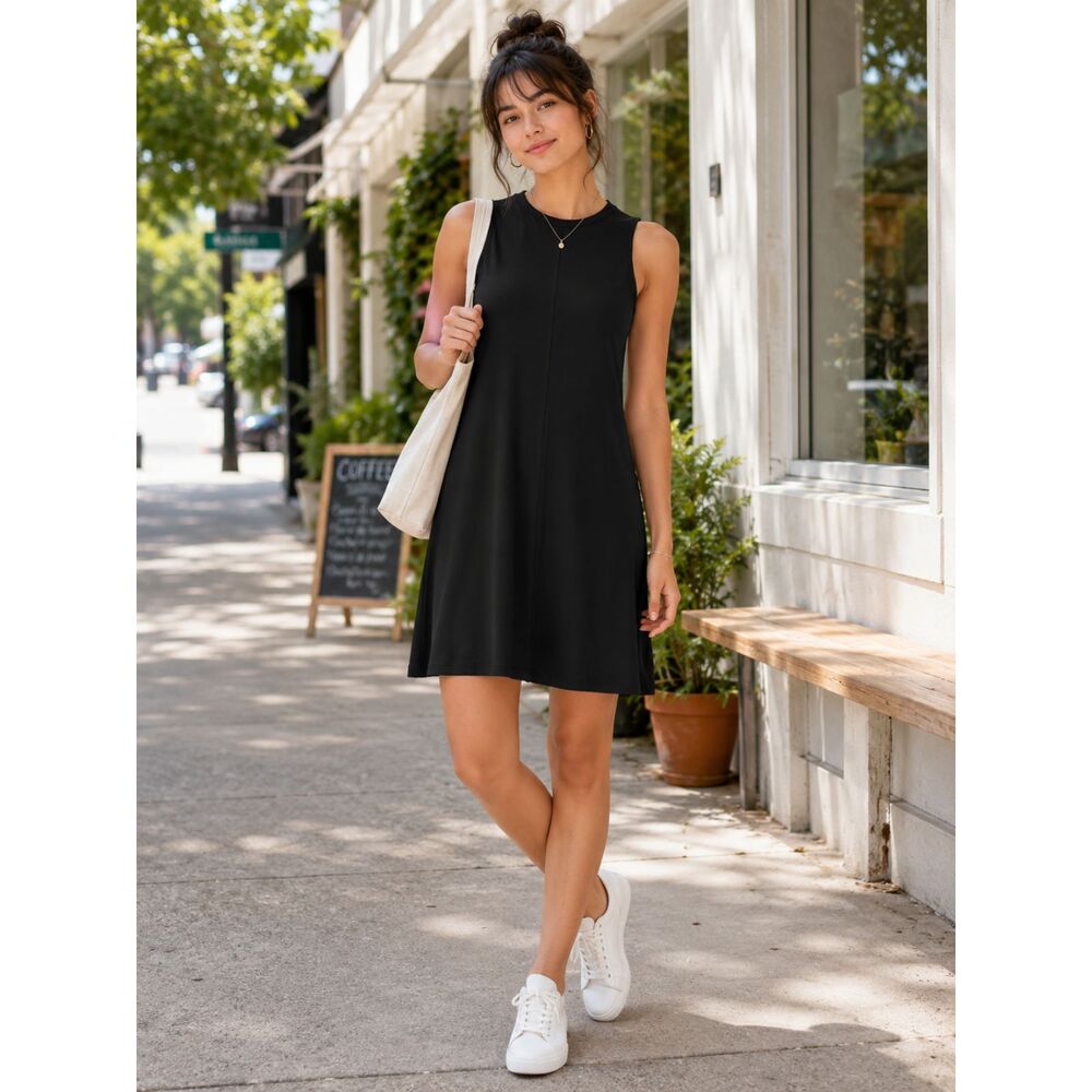 Black Sleeveless Time & Tru Trapeze Dress Minimalist Basic Neutral Flowy Knee